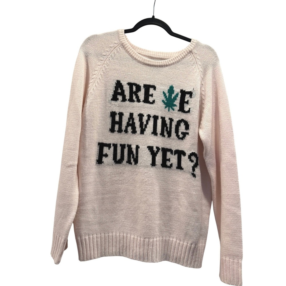 UNIF Are We Having Fun Yet Pink Graphic Knit Pot Leaf Sweater Medium Stoner Edgy